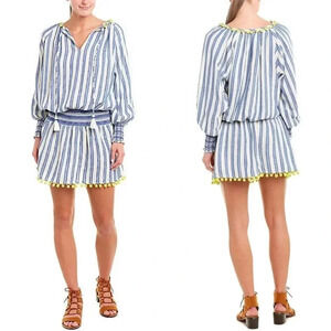 Tessora Blue Luisa Embroidered Stripe Neon Pom Pom. Dress medium
